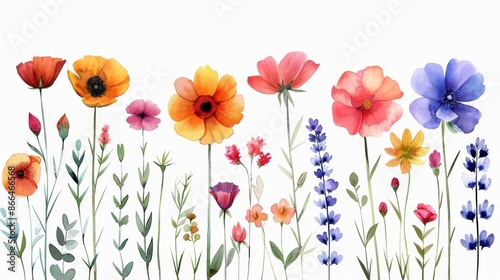 Fototapeta Naklejka Na Ścianę i Meble -  Watercolor illustration of colorful wildflower meadow with various types of flowers. Spring floral arrangement for wedding invitations, greeting cards and stationary.