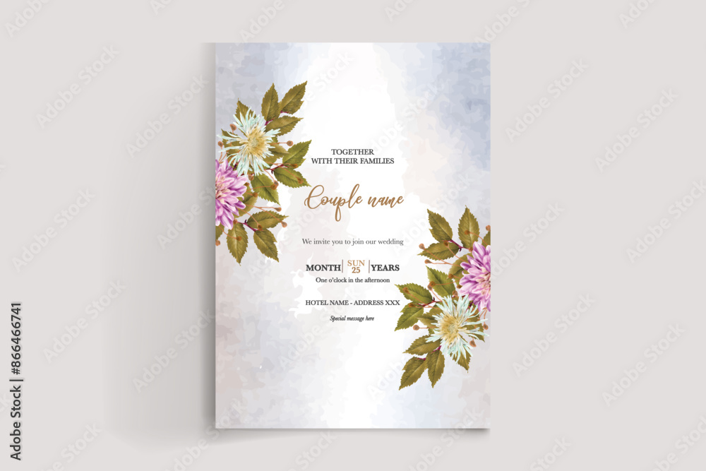 WEDDING INVITATION FRAME WITH FLOWER DECORATIONS AND FRESH LEAVES WEDDING INVITATION FRAME WITH FLOWER DECORATIONS AND FRESH LEAVES