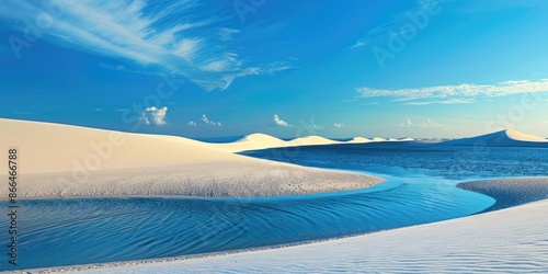 Vast dune desert. lençóis maranhenses in Brazil. White sand dunes and blue water pools.