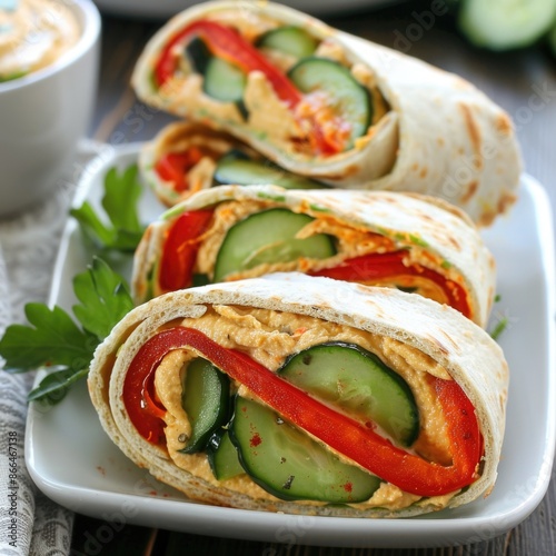  Veggie wraps with hummus, cucumber, and roasted red pepper.