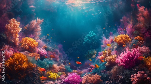 Colorful Coral Reef Teeming with Marine Life Under Sunlit Ocean Waters