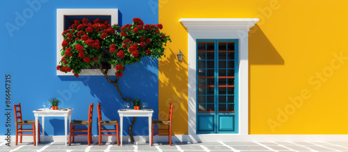 ''traditional Greek taverna in Rhodes, outdoor seating, vibrant colors, locals and tourists enjoying meals, lively and inviting'' 