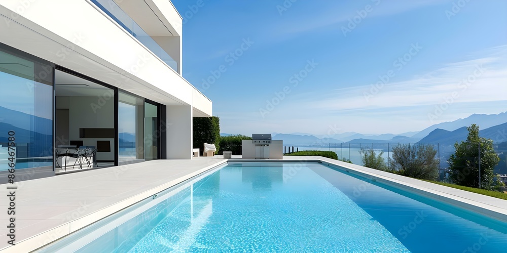 Obraz premium Modern suburban home with pool stainless steel barbecue and scenic views. Concept Suburban Living, Poolside Relaxation, Outdoor Entertaining, Scenic Views