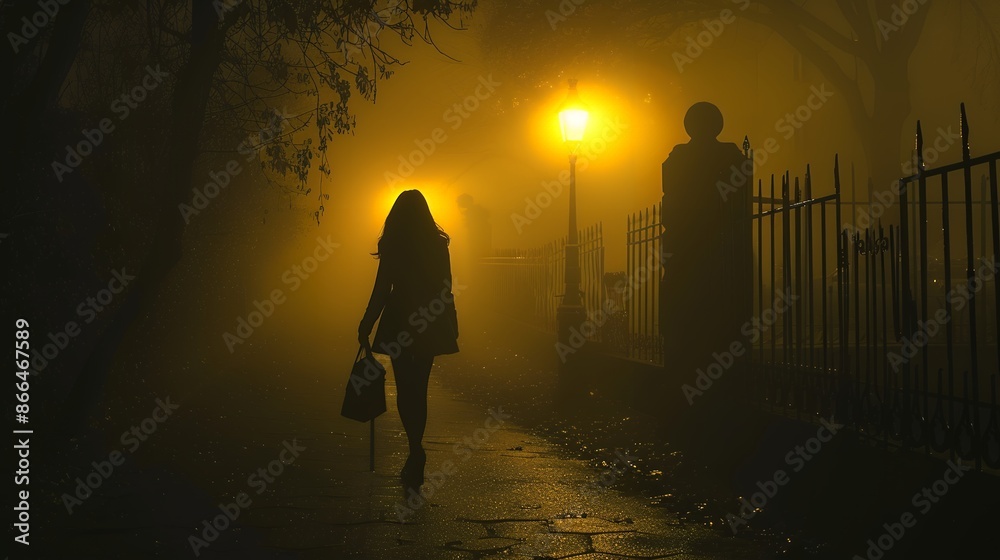 Silhouette of young woman walking in dark street at night, holding bag and looking back over shoulder. Scary atmosphere with misty fog, yellow light from lamp post. Beautiful girl standing alone on pa Silhouette of young woman walking in dark street at night, holding bag and looking back over shoulder. Scary atmosphere with misty fog, yellow light from lamp post. Beautiful girl standing alone on pa
