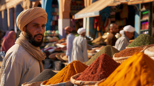 ''vibrant Moroccan market in August, bustling with people, colorful stalls selling spices and textiles, warm sunlight, lively atmosphere'' 