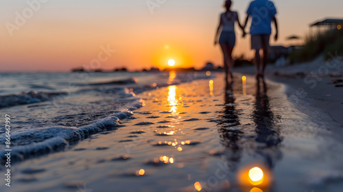Romantic couple walking on beach at sunset © jay juan