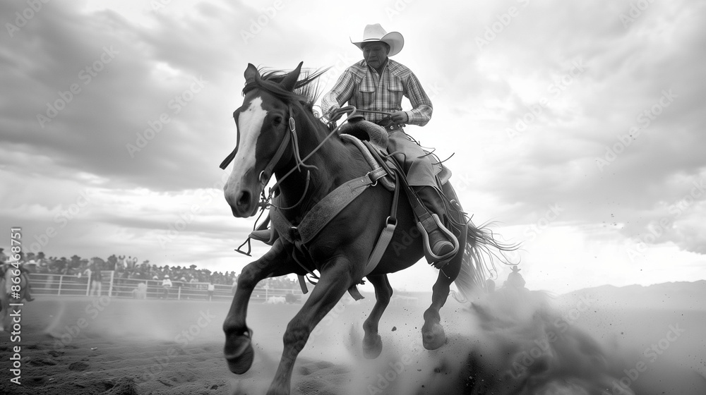 ''wide-angle shot of a rodeo event, bucking bronco, cowboy holding on, dirt flying, crowd in the background'' ''wide-angle shot of a rodeo event, bucking bronco, cowboy holding on, dirt flying, crowd in the background''