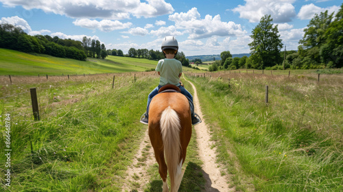 ''wide-angle view of a horse therapy session, child on horseback, calm and supportive environment, outdoor setting''  photo