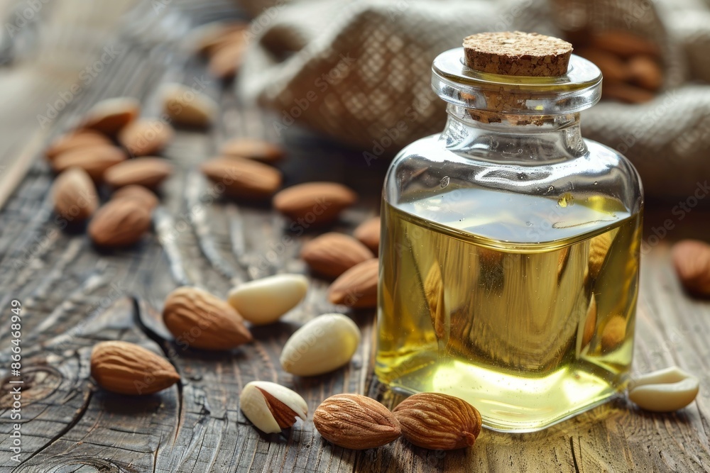 Closeup of almond oil in a glass bottle with raw almonds scattered on a rustic wood surface