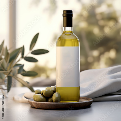 Fresh Elegance: Olive and Olive Oil Bottle Mockup on Soft Background