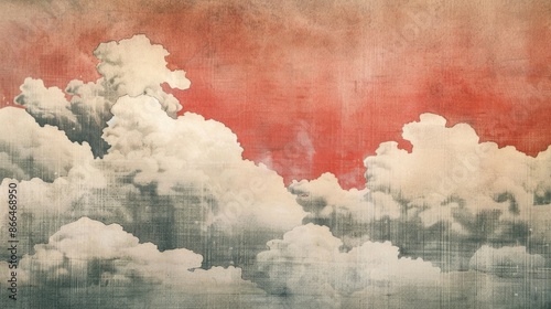 Vintage traditional Japanese painting, Clouds – Kumo. Painting on old paper.