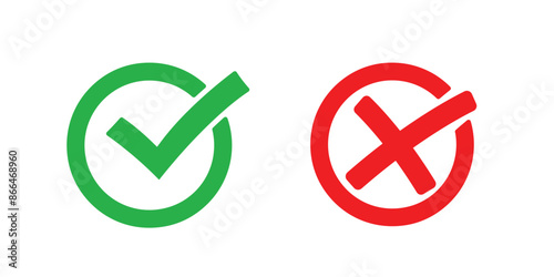 Check mark icons. Green tick and red x. Symbols of approval and Decline, Check green mark and Red Wrong icon