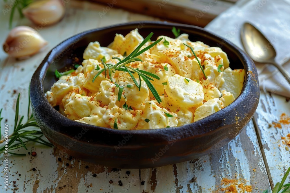 Delicious homemade potato salad in a rustic bowl, garnished with fresh herbs. Perfect for picnics, barbecues or a comforting side dish. Delicious homemade potato salad in a rustic bowl, garnished with fresh herbs. Perfect for picnics, barbecues or a comforting side dish.