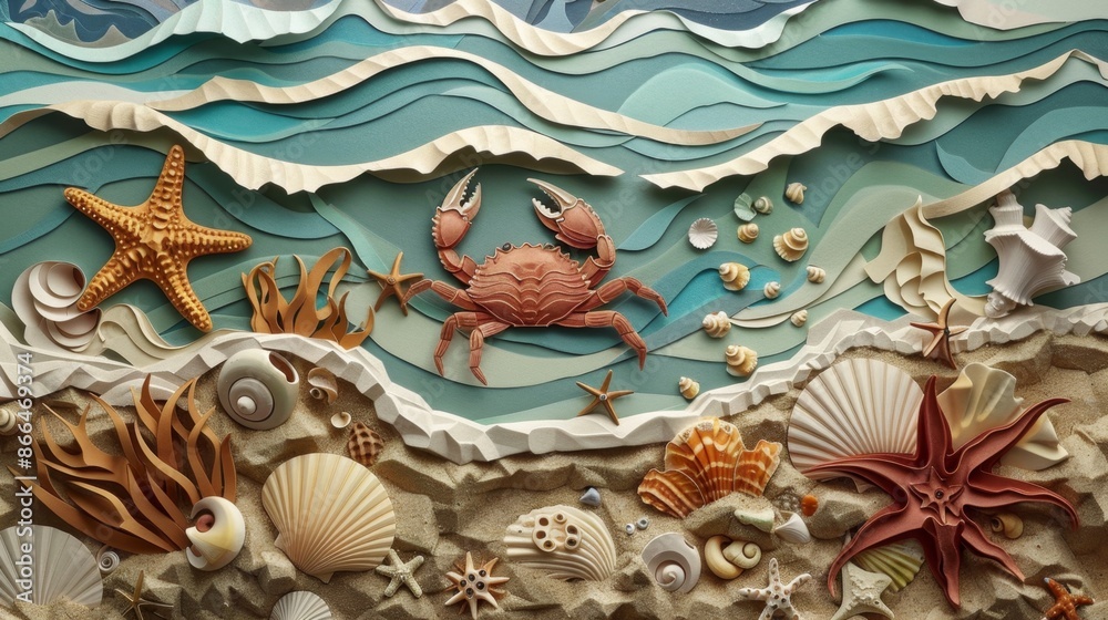 Obraz premium A detailed papercut illustration of a busy seafloor scene. A crab scuttles across the sand, a starfish clings to a rock, and various seashells are scattered throughout, highlighting the diversity of