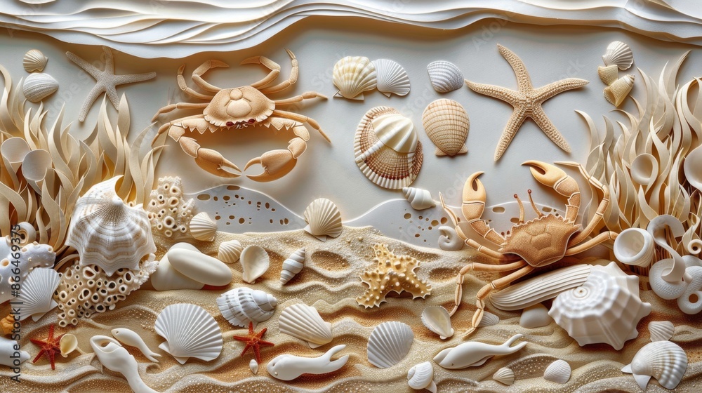 A detailed papercut illustration of a busy seafloor scene. A crab scuttles across the sand, a starfish clings to a rock, and various seashells are scattered throughout, highlighting the diversity of A detailed papercut illustration of a busy seafloor scene. A crab scuttles across the sand, a starfish clings to a rock, and various seashells are scattered throughout, highlighting the diversity of