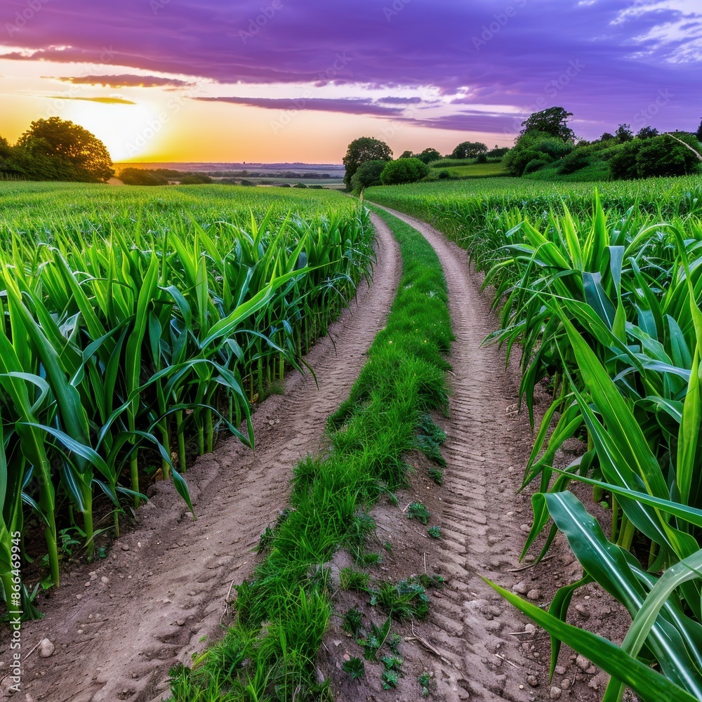 Naklejka premium Sunset over a lush green field with a winding dirt path, under a vibrant purple and orange sky.