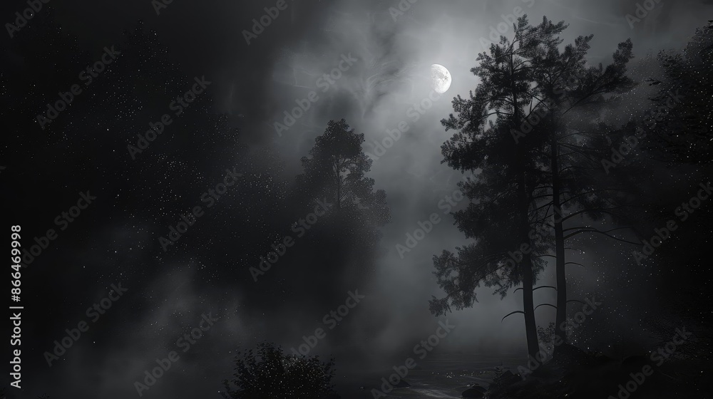Mysterious night scene in a foggy forest with a bright moon illuminating towering trees amidst dark clouds. Mysterious night scene in a foggy forest with a bright moon illuminating towering trees amidst dark clouds.