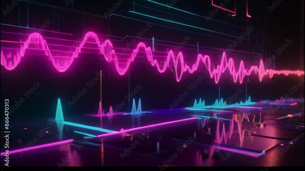 Audio spectrum voice neon sign concept radio sound wave and disco music record volume signal flight between text futuristic space abstract 3d rendering red pink blue color animation animation