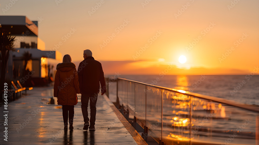 Couple Walking on Boardwalk at Sunset by Sea Couple Walking on Boardwalk at Sunset by Sea
