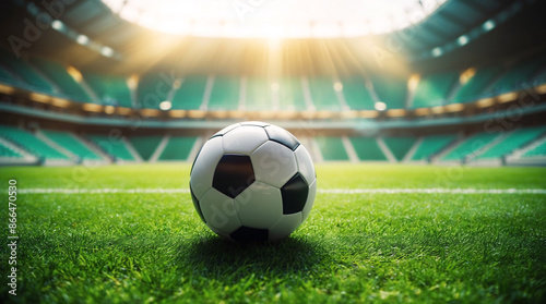 Football game soccer ball at football court pitch in a large stadium, illustration poster