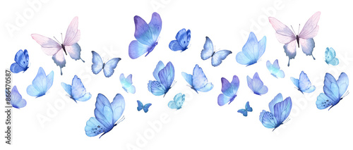 Butterfly collection. Watercolor illustration. Colorful Butterflies clipart set. Baby shower design elements. Party invitation, birthday celebration. Spring, summer decoration. Flock