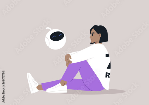 A Moment of Contemplation With an AI Companion, A young person sits on the floor with legs crossed, deep in thought, A small, round robot with blue eyes floats nearby, offering advice