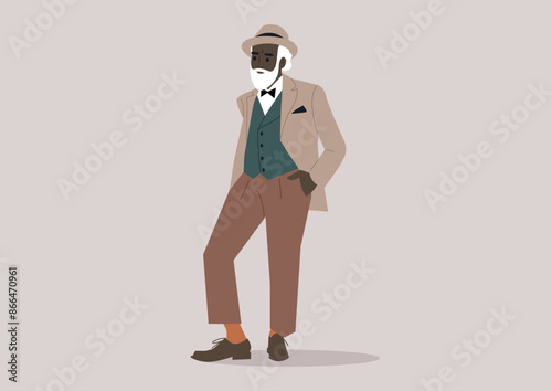 A stylish senior African man wearing a suit, vest, bow tie, and hat stands with one hand in his pocket, exuding confidence and grace