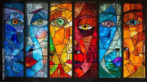 Vibrant Stained Glass Faces Art Composition with Bold Colors