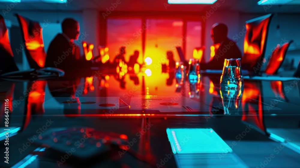 Dynamic silhouette of a business meeting at sunset, reflecting vibrant colors on a polished conference table, with modern office chairs and glassware. Dynamic silhouette of a business meeting at sunset, reflecting vibrant colors on a polished conference table, with modern office chairs and glassware.