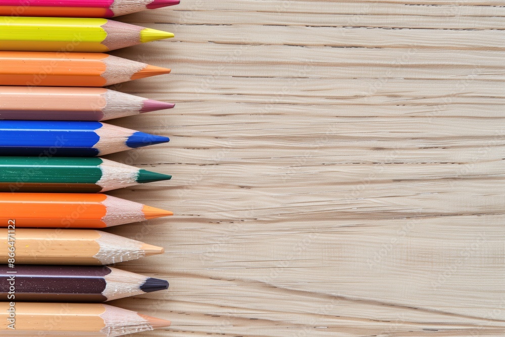 Colorful pensils in a row on light wooden surfacec copyspace background Colorful pensils in a row on light wooden surfacec copyspace background