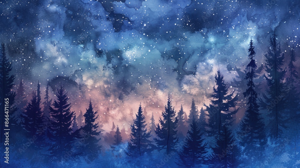 Watercolor Illustration Landscape with Fantastic Starry Sky and Forest.