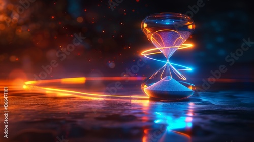 Obraz na płótnie Glowing Sands of Time: Futuristic Sand Clock with Neon Trails w salonie