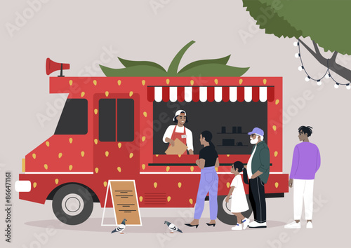 A Sweet Treat Under the Summer Sun, A brightly colored food truck shaped like a strawberry serves customers under a tree with string lights