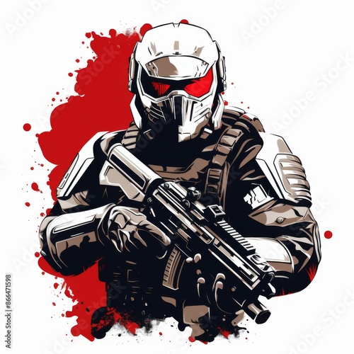 Futuristic soldier with helmet and rifle, illustration art, concept of war, game, military, action, sci-fi