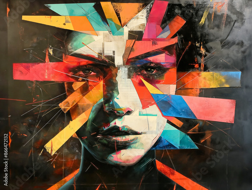 An abstract portrait features a face with sharp angles and geometric shapes in vibrant colors like red, blue, yellow, and orange, set against a dark background