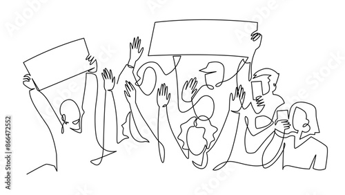 A crowd of people waves and cheers, a fan meeting drawn minimally in one continuous line. Human hands with a poster, a welcome banner vector illustration. People at a music concert