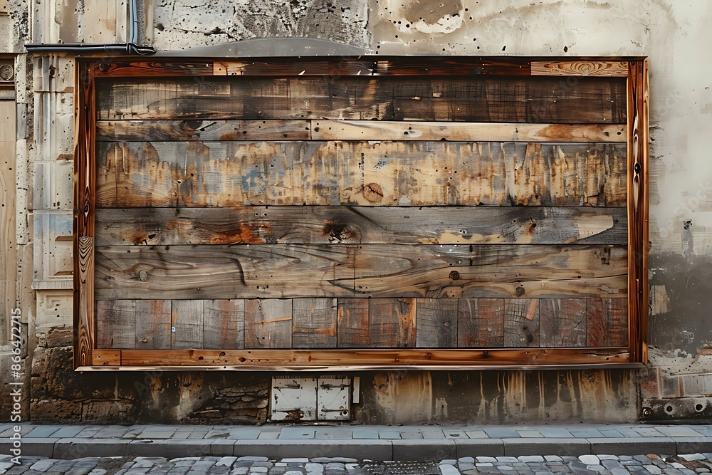 Historic street wall with a rustic reclaimed wood blank billboard, perfect for eco-friendly ads. Historic street wall with a rustic reclaimed wood blank billboard, perfect for eco-friendly ads.
