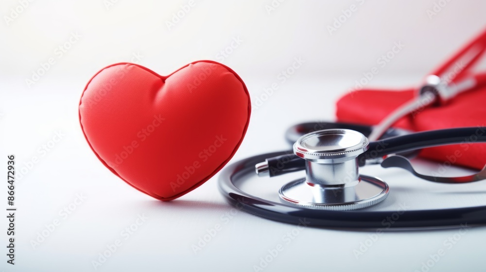 A stethoscope with a red heart symbolizes heart health, medical care, and healthcare services, ensuring wellbeing. Heart Health and Medical Equipment Concept featuring a Stethoscope and Red Heart on A stethoscope with a red heart symbolizes heart health, medical care, and healthcare services, ensuring wellbeing. Heart Health and Medical Equipment Concept featuring a Stethoscope and Red Heart on