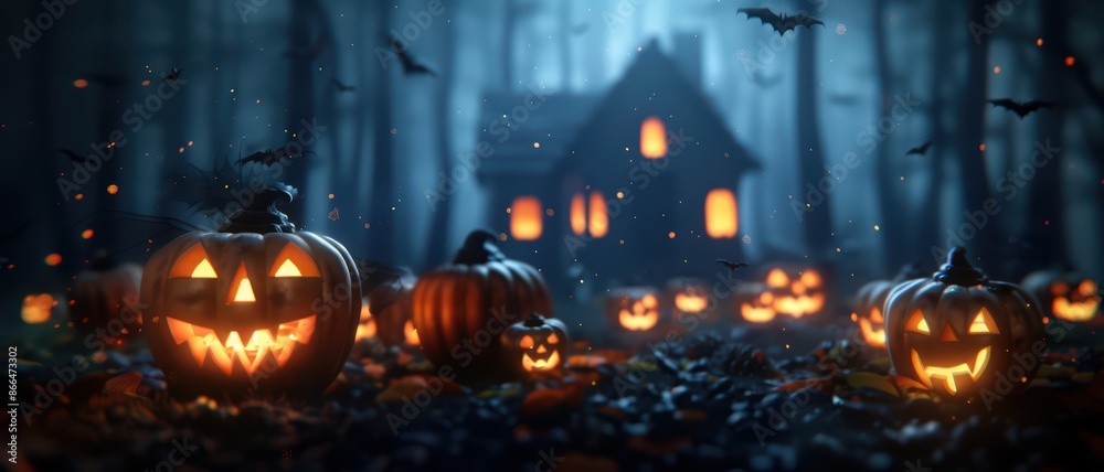 Spooky 3D haunted house with glowing pumpkins and bats, dark eerie atmosphere Spooky 3D haunted house with glowing pumpkins and bats, dark eerie atmosphere