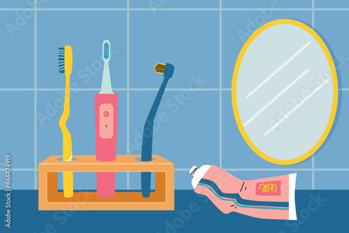 Illustration of toothbrushes and toothpaste in bathroom.