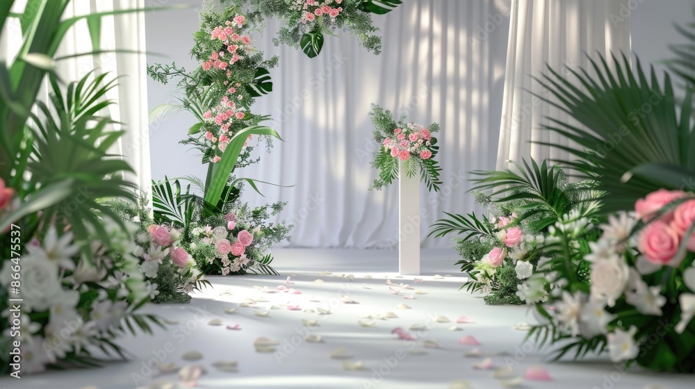 Wedding ceremony background decoration with plant and bouquets flowers ...