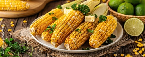 Fresh corn on the cob on a rustic plate garnished with herbs and served with lime, showcasing a delicious summer dish.