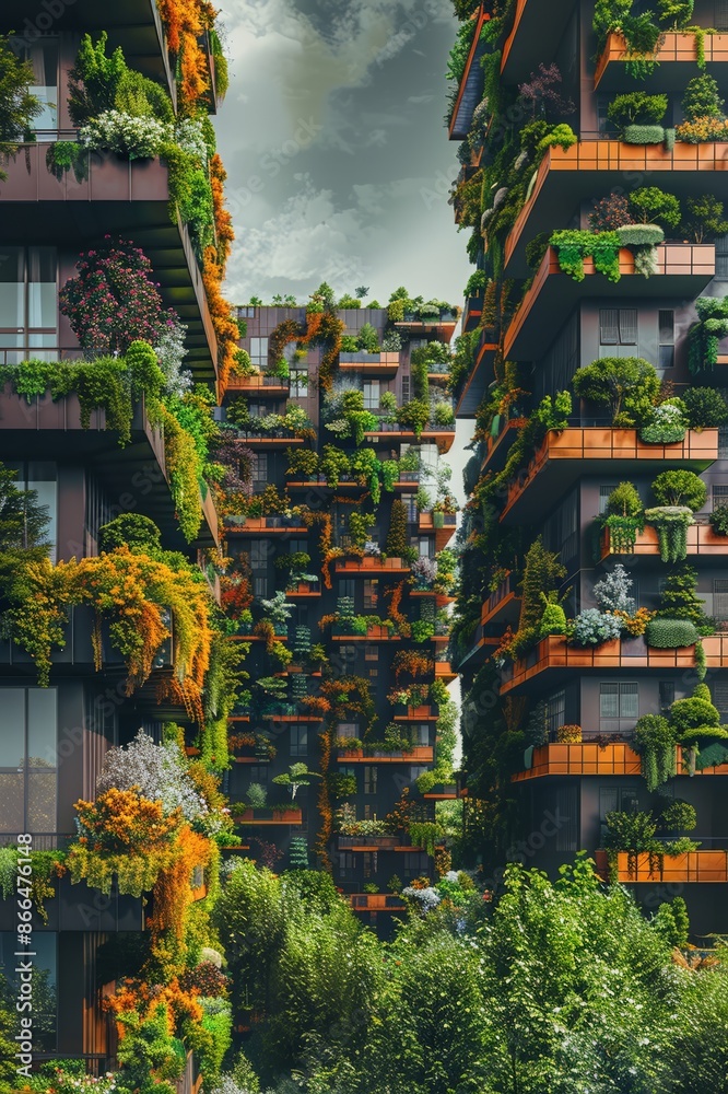 Fototapeta premium Modern Urban Green Towers with Lush Vegetation and Sustainable Design