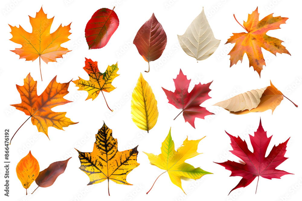 Fototapeta premium Collection of multicolored fallen autumn leaves isolated on transparent background