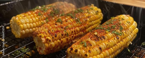 Grilled corn on the cob with seasoning, fresh off the grill, perfect summer dish.