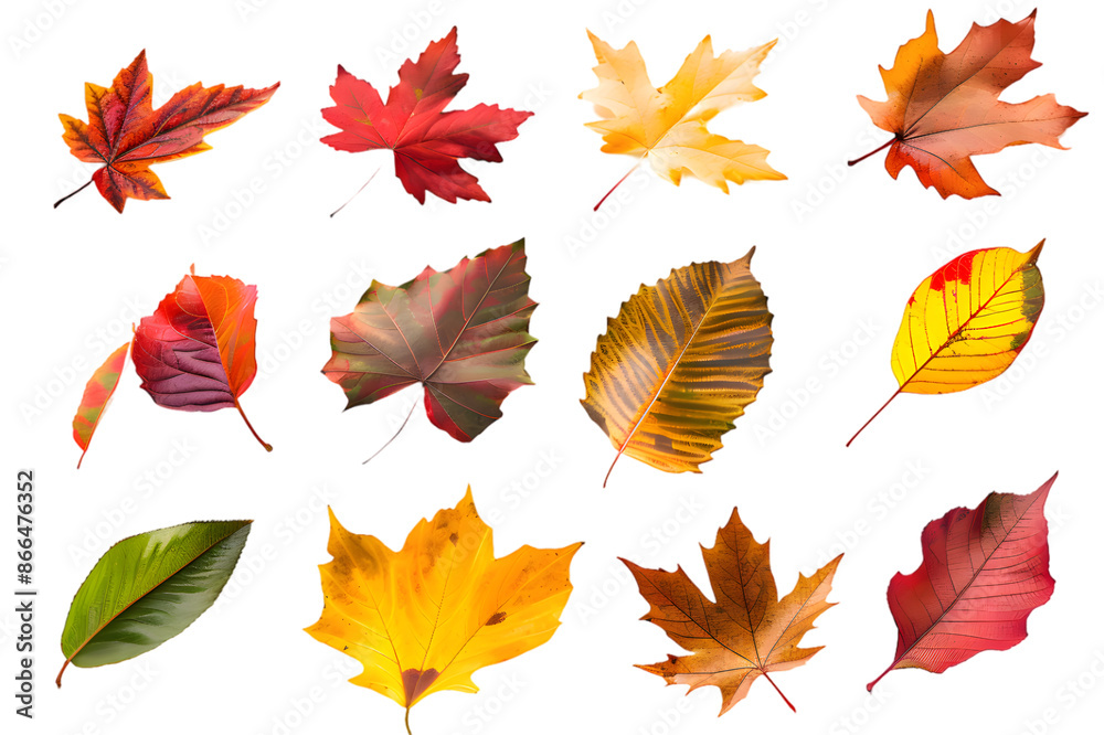 Obraz premium Collection of multicolored fallen autumn leaves isolated on transparent background