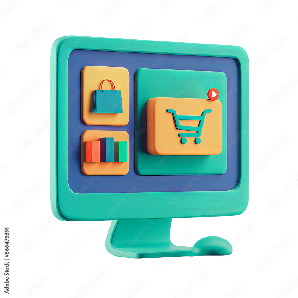 3D illustration of a computer screen with e-commerce icons, representing online shopping and digital marketplace. 3D illustration of a computer screen with e-commerce icons, representing online shopping and digital marketplace.