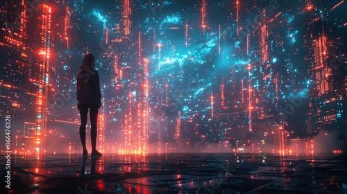 With blue and red data visualizations and lights, a silhouette of a person stands in a futuristic, digital environment. © Maxim Borbut