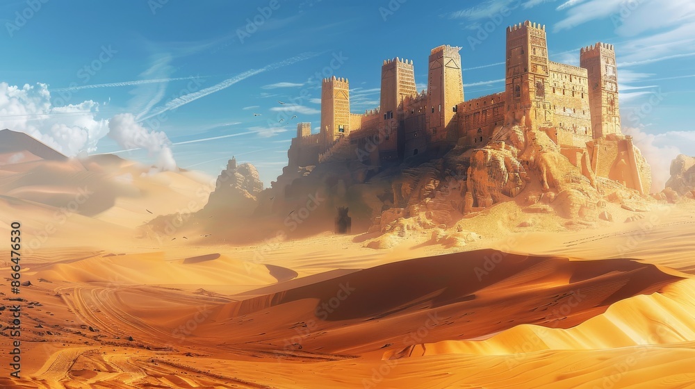 In this animated movie still, towering sand dunes and ancient ruins are ...