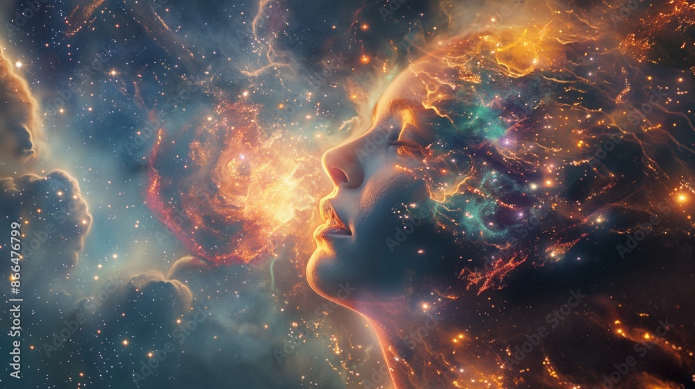 Ethereal Woman's Silhouette Merging with Cosmic Nebula in Vibrant Space Art